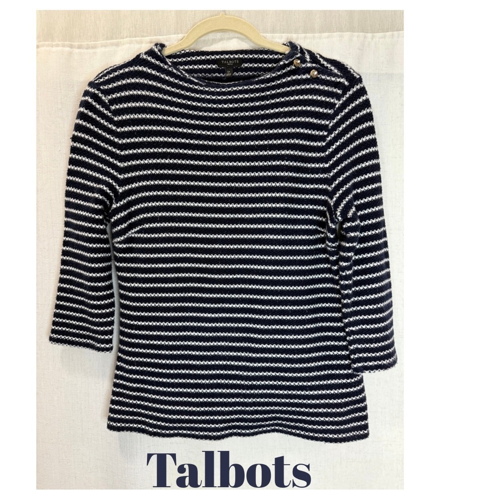 Talbots Navy White Striped Sweater 3/4 Sleeve Button Shoulder Nautical Style LP